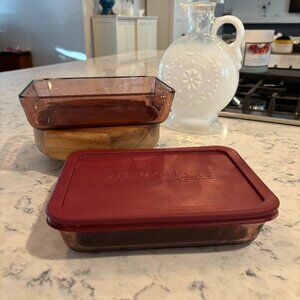 2 Vintage Pyrex Cranberry Rectangular Food Storage Glass Dish 3-Cup And 1 Lid